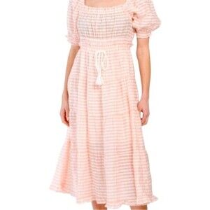 MOON RIVER Puff Sleeve Midi Beach Coverup Dress-Pink Stripe Size S